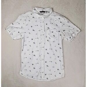 Penshoppe‎ White Video Game Patterned Sz S  Relaxed Fit Button Down Shirt